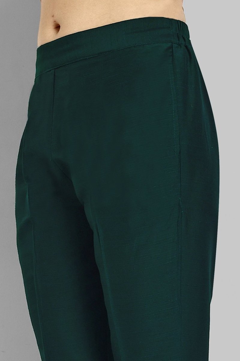 Bottle Green Straight Cotton Silk Pant with Pockets