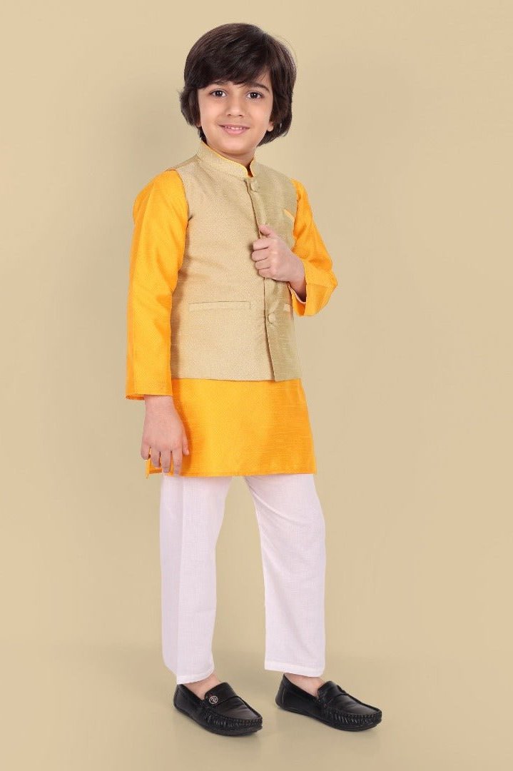 Boys Yellow Kurta with Cotton silk Jacket