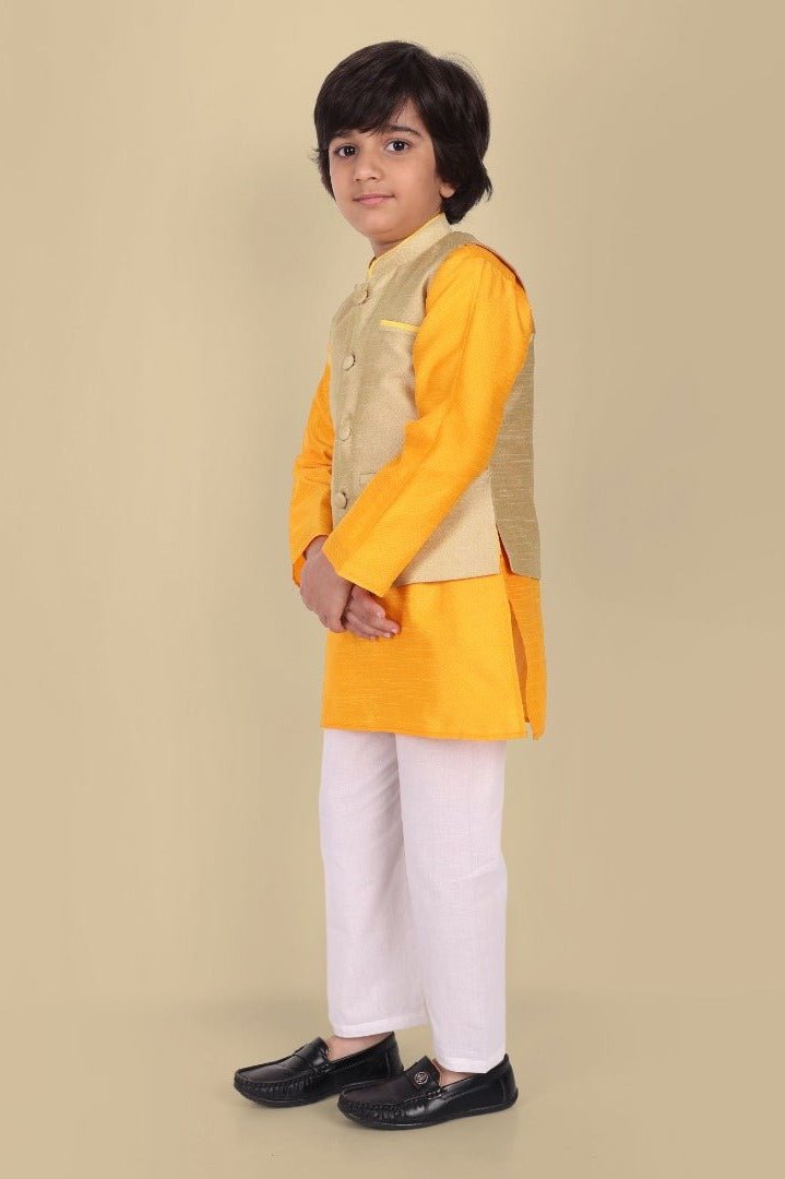 Boys Yellow Kurta with Cotton silk Jacket