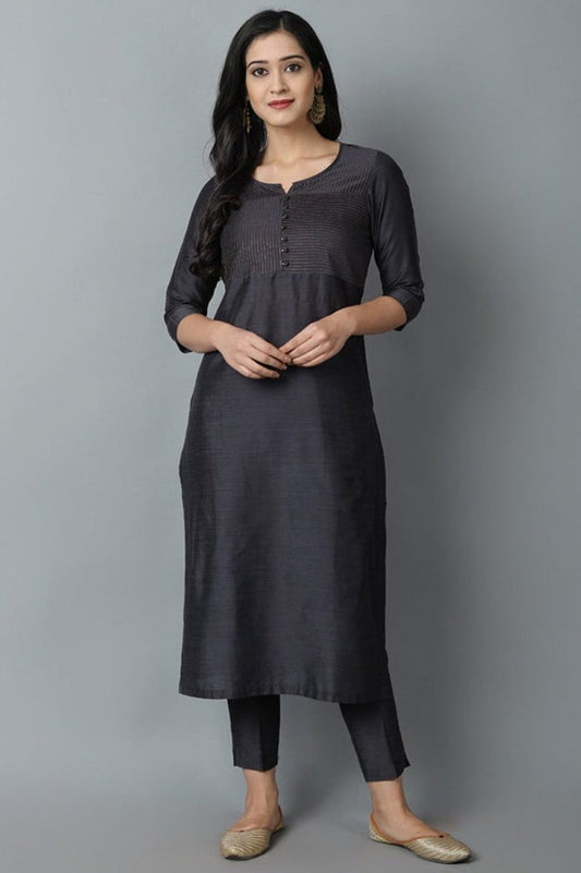 Charcoal Silk Sonapani Kurta Pants Set