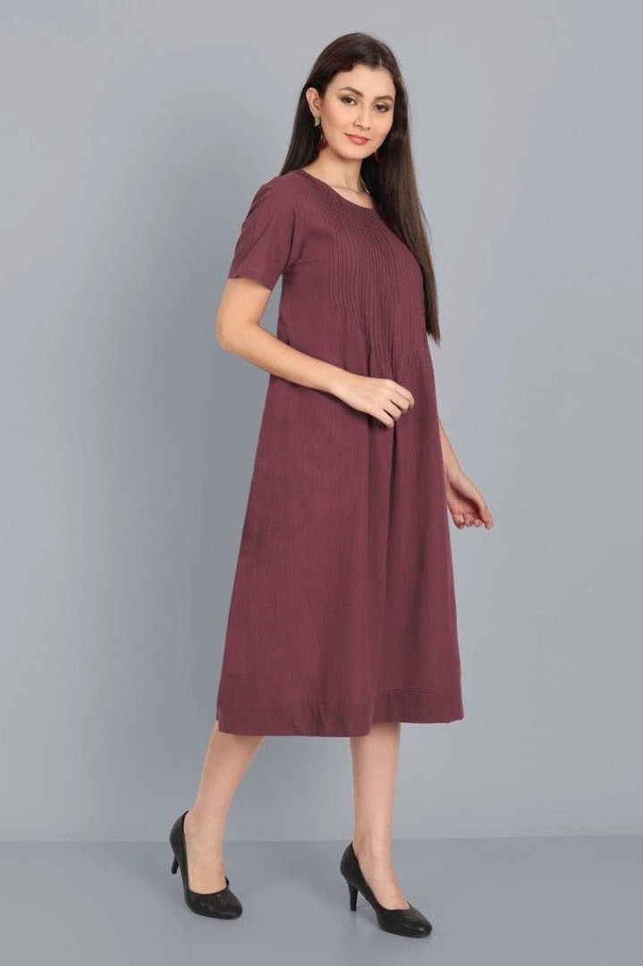 Chestnut Pin-Tuck cotton Linen Dress