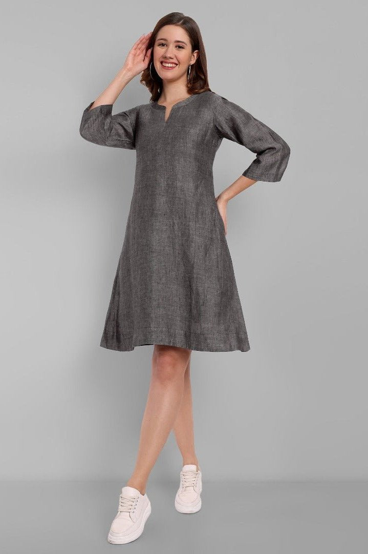 Women's Gray Cotton Linen knee Length A line Dress with Lining