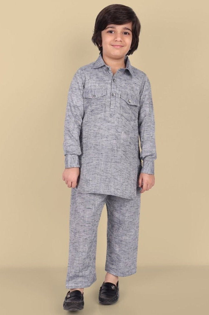 Tan Gray Textured Soft Cotton Pathani Kurta and Shalwar