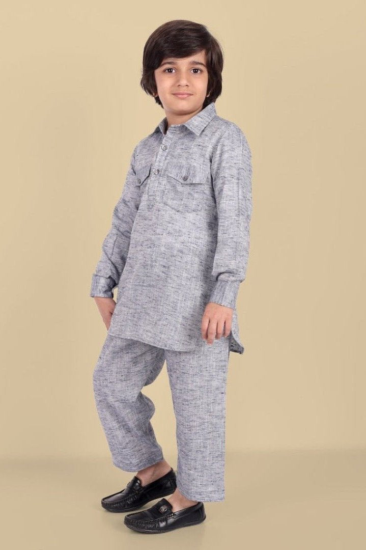 Tan Gray Textured Soft Cotton Pathani Kurta and Shalwar