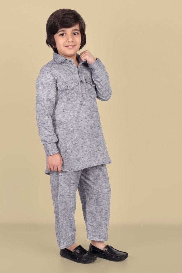 Tan Gray Textured Soft Cotton Pathani Kurta and Shalwar