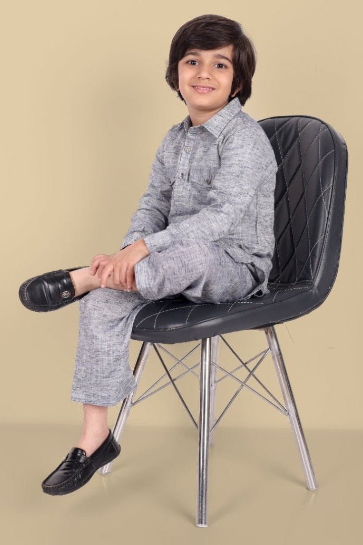 Tan Gray Textured Soft Cotton Pathani Kurta and Shalwar