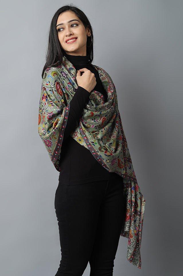 Dark Gray Green Kalamkari Pashmina-Cashmere Stole