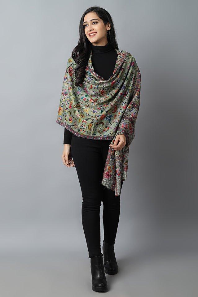 Dim Gray Green Kalamkari Pashmina-Cashmere Stole