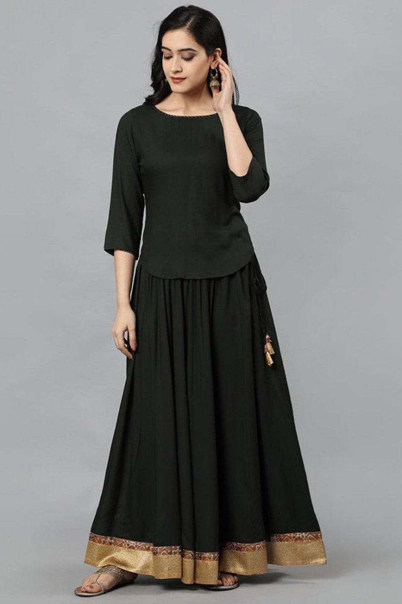 Black Green Rayon Crop-top