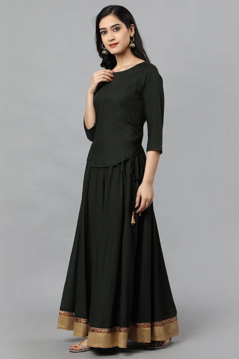 Black Green Rayon Crop-top