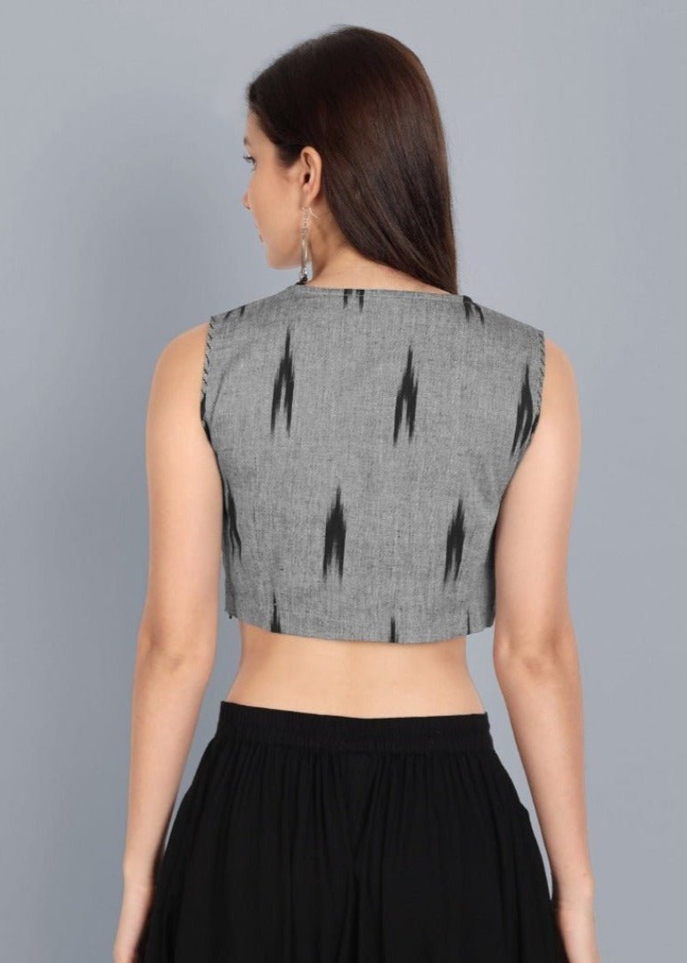 Dark Gray Ikkat Gray V Neck Padded Blouse