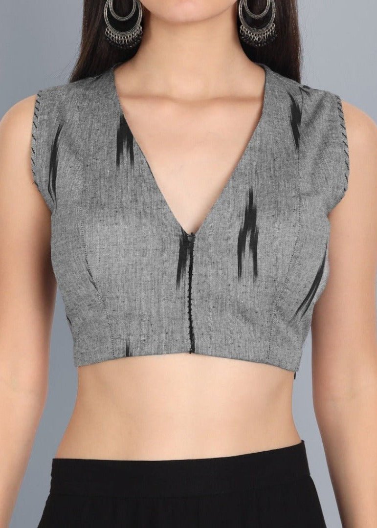 Dark Gray Ikkat Gray V Neck Padded Blouse