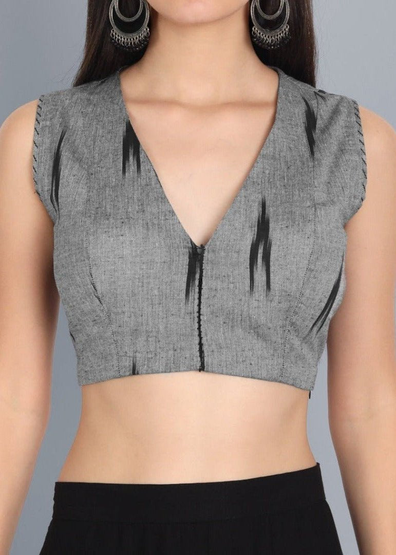 Dark Gray Ikkat Gray V Neck Padded Blouse