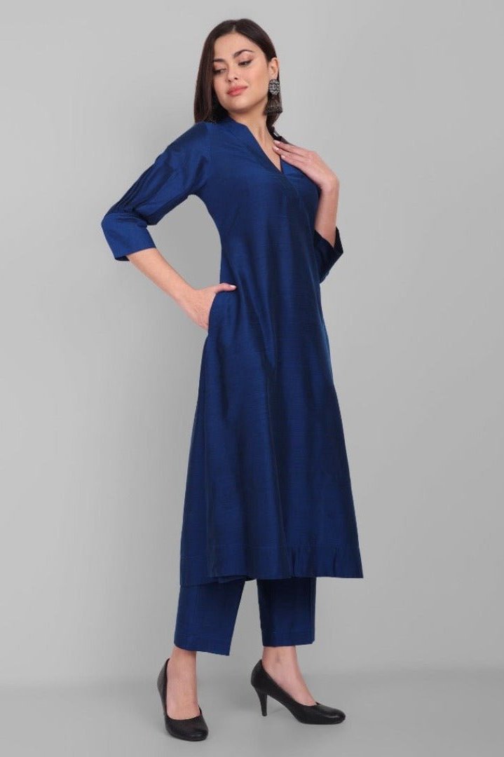 Gray Amreen Ink Blue A line textured Cotton Silk Kurta and Pant Set
