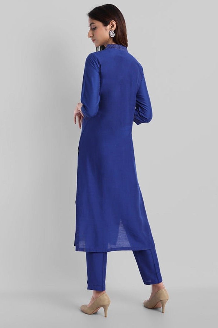 Gray Blue Silk Lapel Kurta Pants Set