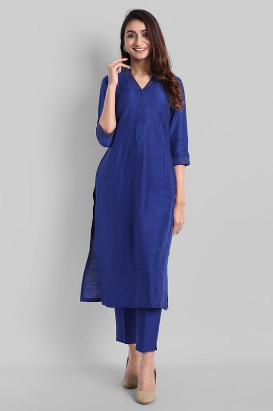 Gray Blue Silk Lapel Kurta Pants Set