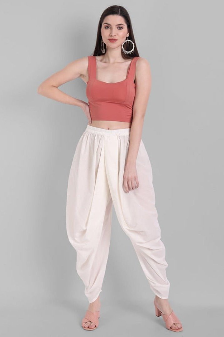 Women's White Cotton Dhoti Pants for Kurti, Crop tops, T-Shirt