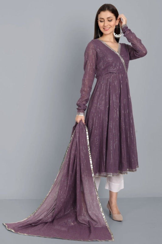 Dark Gray Kaasni Anarkali with Dupatta - Set of 3