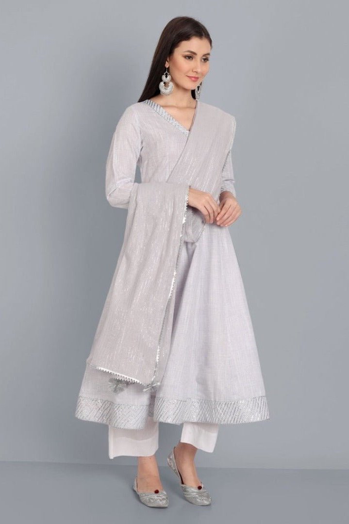Dark Gray Light Mouve Cotton Lurex Anarkali with Cotton Lurex Dupatta- Set of 3