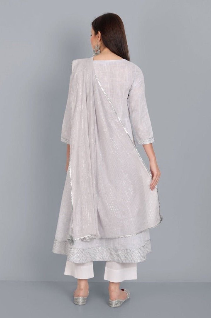 Dark Gray Light Mouve Cotton Lurex Anarkali with Cotton Lurex Dupatta- Set of 3