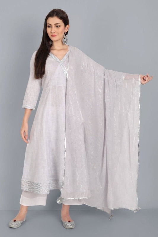 Dark Gray Light Mouve Cotton Lurex Anarkali with Cotton Lurex Dupatta- Set of 3