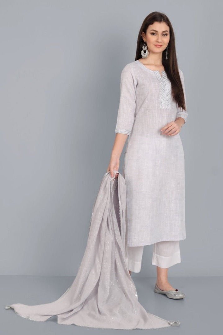 Dark Gray Light Mouve Lurex Kurta with Dupatta - Set of 3