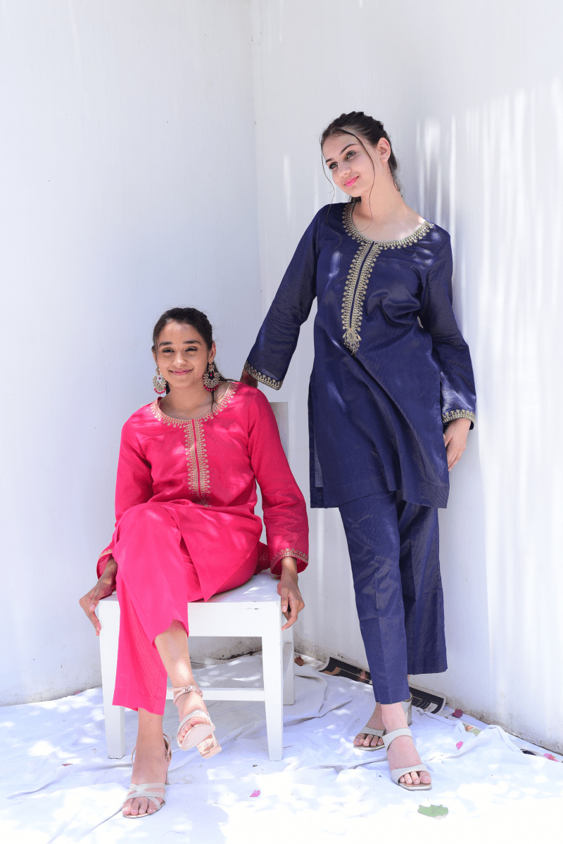 Midnight Blue Cotton Co-Ord with Embroidery - Set of 2