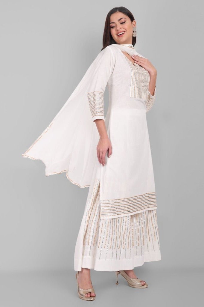 Gray Offwhite Dhanak Kurta and Sharara - Set of 3
