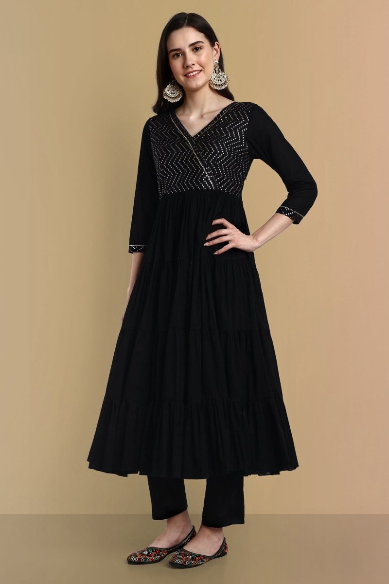 Black Cotton Chanderi Angrakha Style Set Online