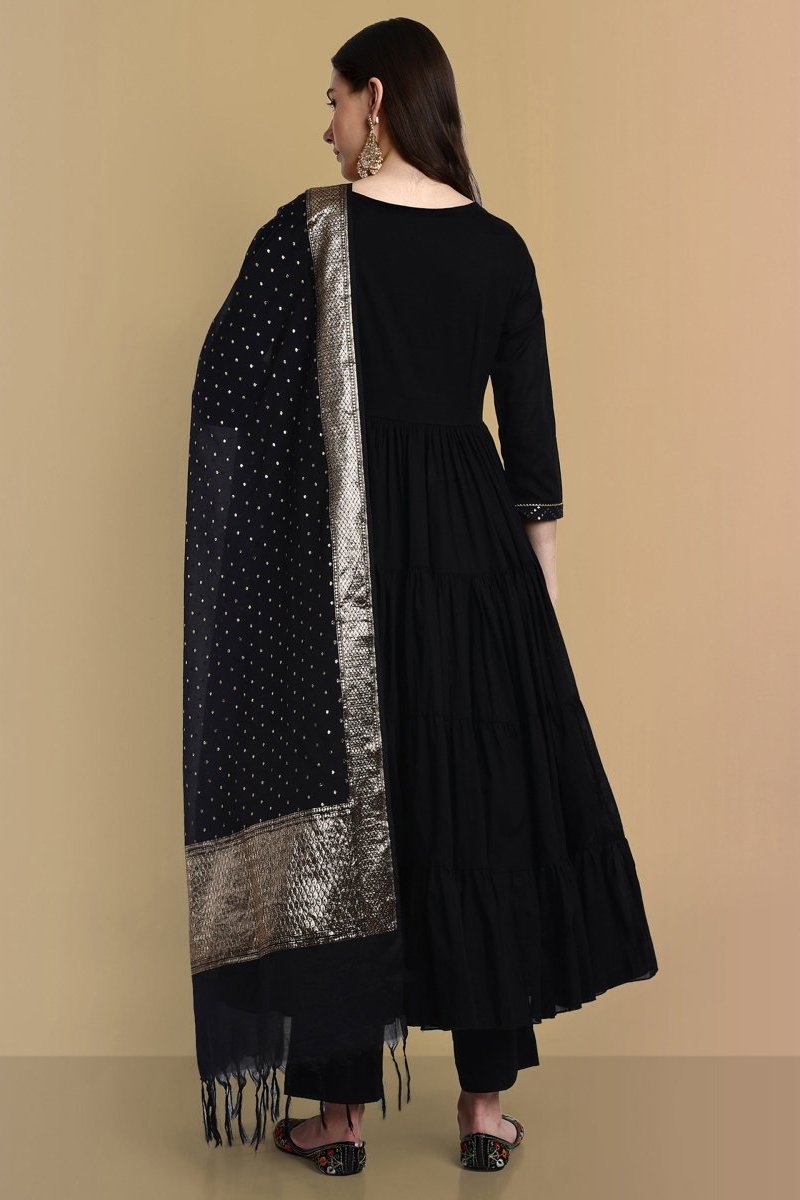 Black Chanderi Angrakha Kurta Set Online