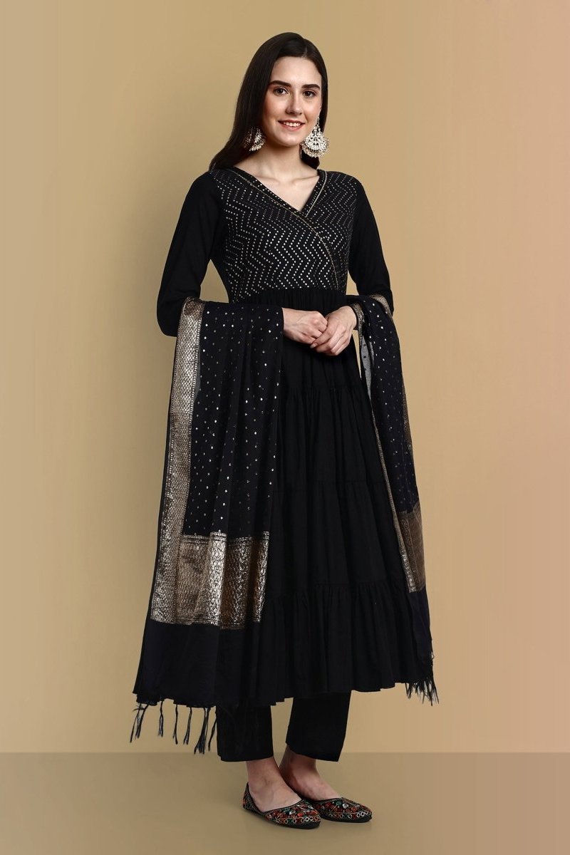 Black Cotton Chanderi Angrakha Kurta Set Online