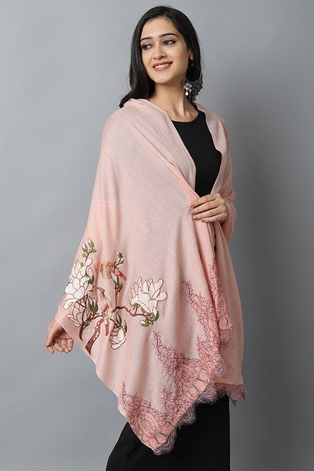 Gray Peach Bird Pashmina-Cashmere Stole