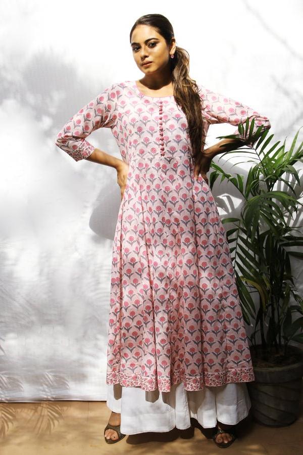 White Smoke Peach Handblock Cotton Anarkali Kurta