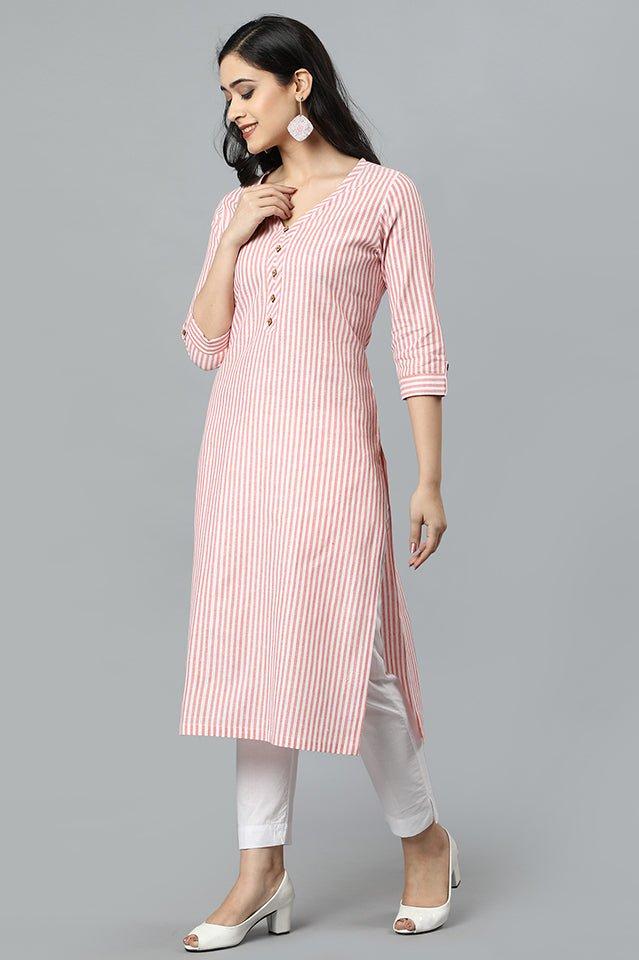 Misty Rose Peach V Neck Candy Cane Kurta