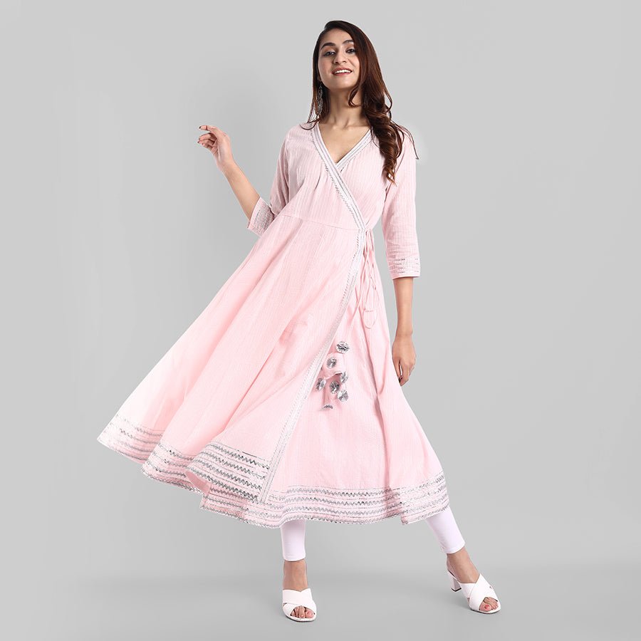 Pink Gota Angarkha Kurta Leggings Set