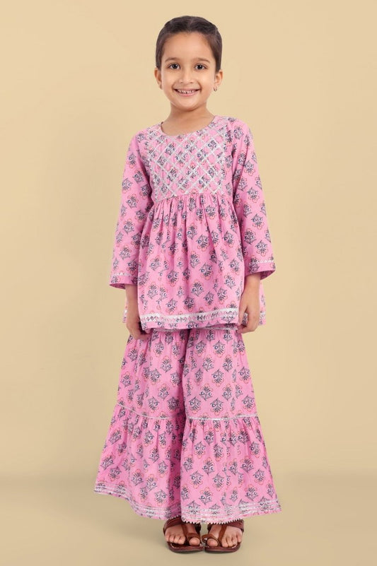 Pink Printed Gharara and Peplum Top - Set of 2 - Mera Rang