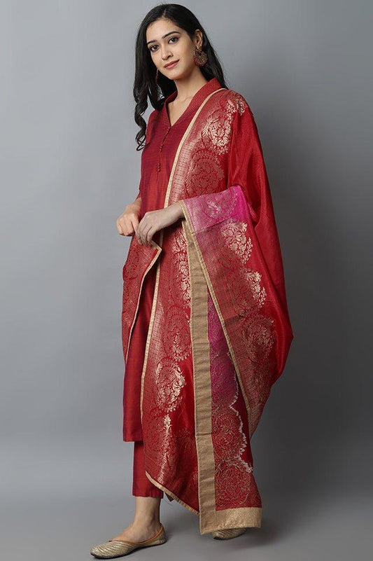 Dark Gray Rust Silk Lapel Kurta Pants Set