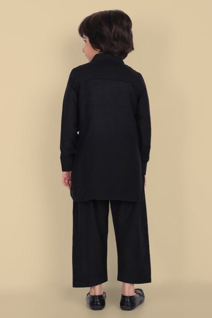 Tan Textured Cotton Silk Black Pathani - Set of 2