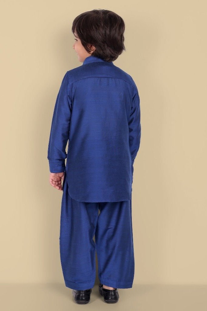 Tan Textured Cotton Silk Ink Blue Pathani - Set of 2