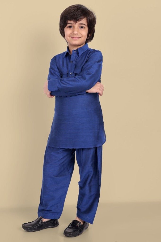 Tan Textured Cotton Silk Ink Blue Pathani - Set of 2