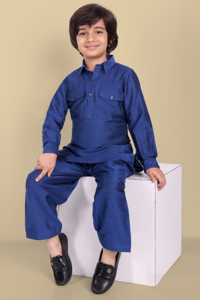 Tan Textured Cotton Silk Ink Blue Pathani - Set of 2