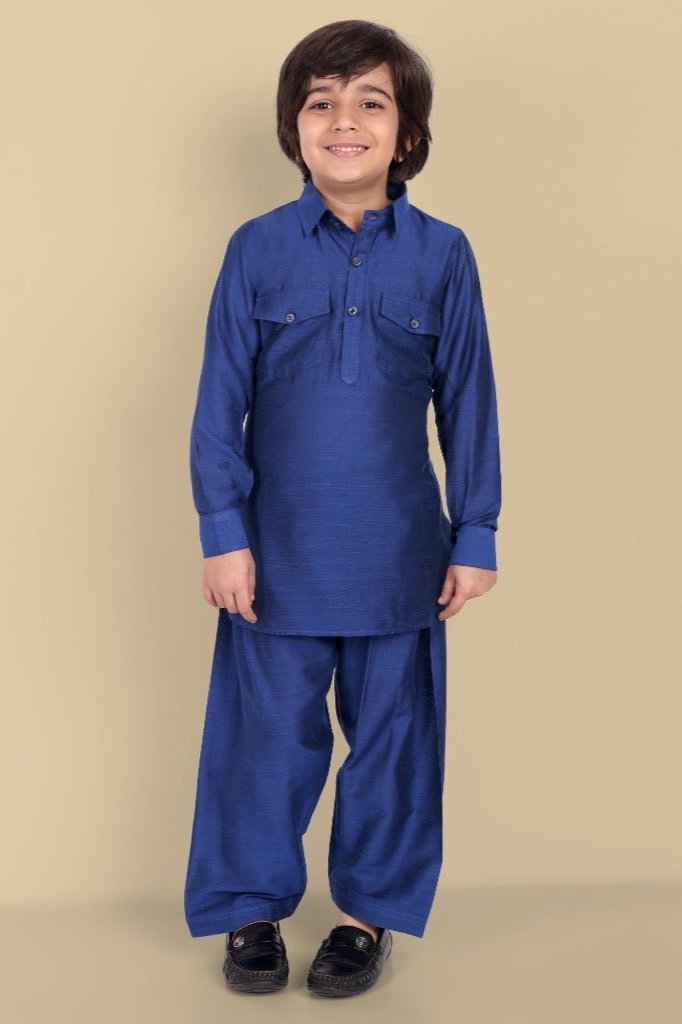 Tan Textured Cotton Silk Ink Blue Pathani - Set of 2