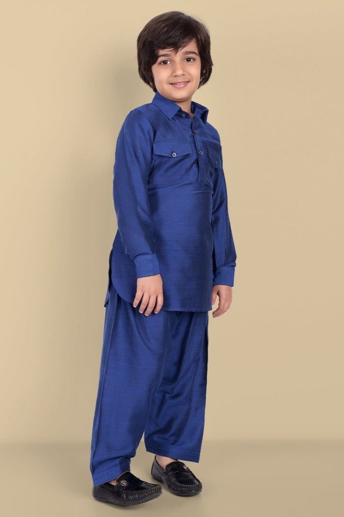 Tan Textured Cotton Silk Ink Blue Pathani - Set of 2