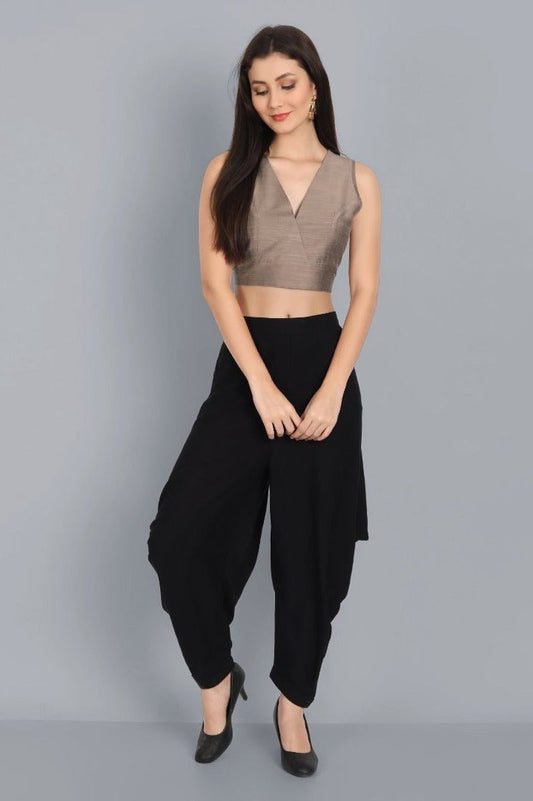 Dark Gray Cut Sleeves V neck Cotton silk blouse