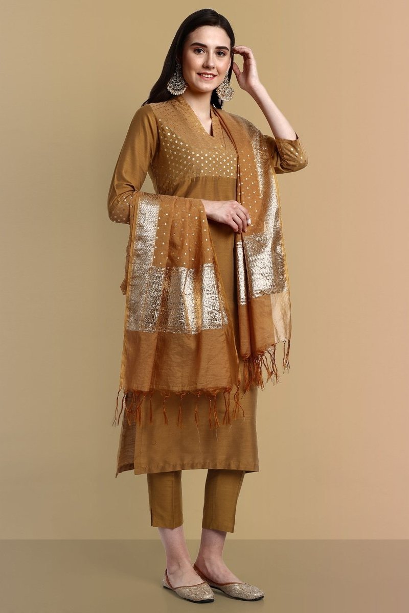 V neck Gold Cotton Silk and Chanderi Kurta & Pant - Set of 3
