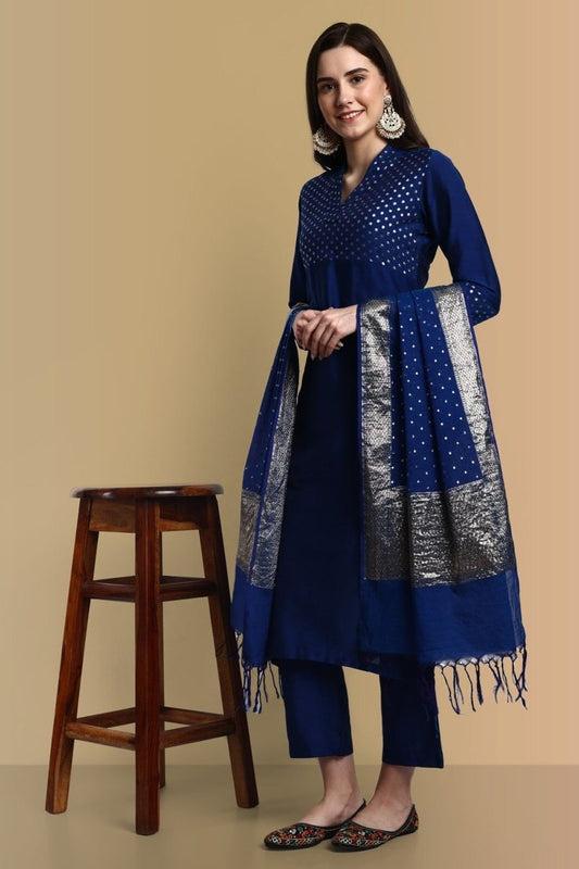 V-Neck Ink Blue Cotton Silk and Chanderi Kurta & Pant - Set of 3