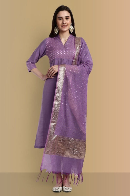 V-Neck Silk Mauve Chanderi Kurta & Pant Set