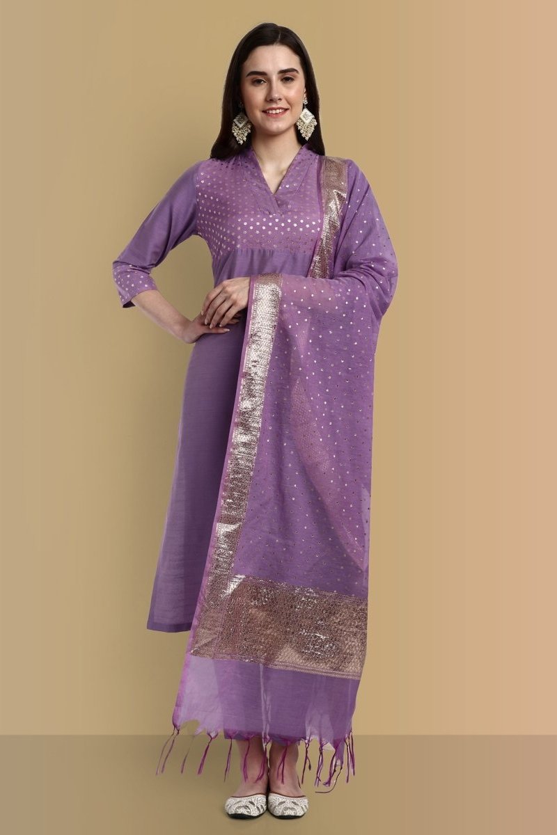 V-Neck Silk Mauve Chanderi Kurta & Pant Set