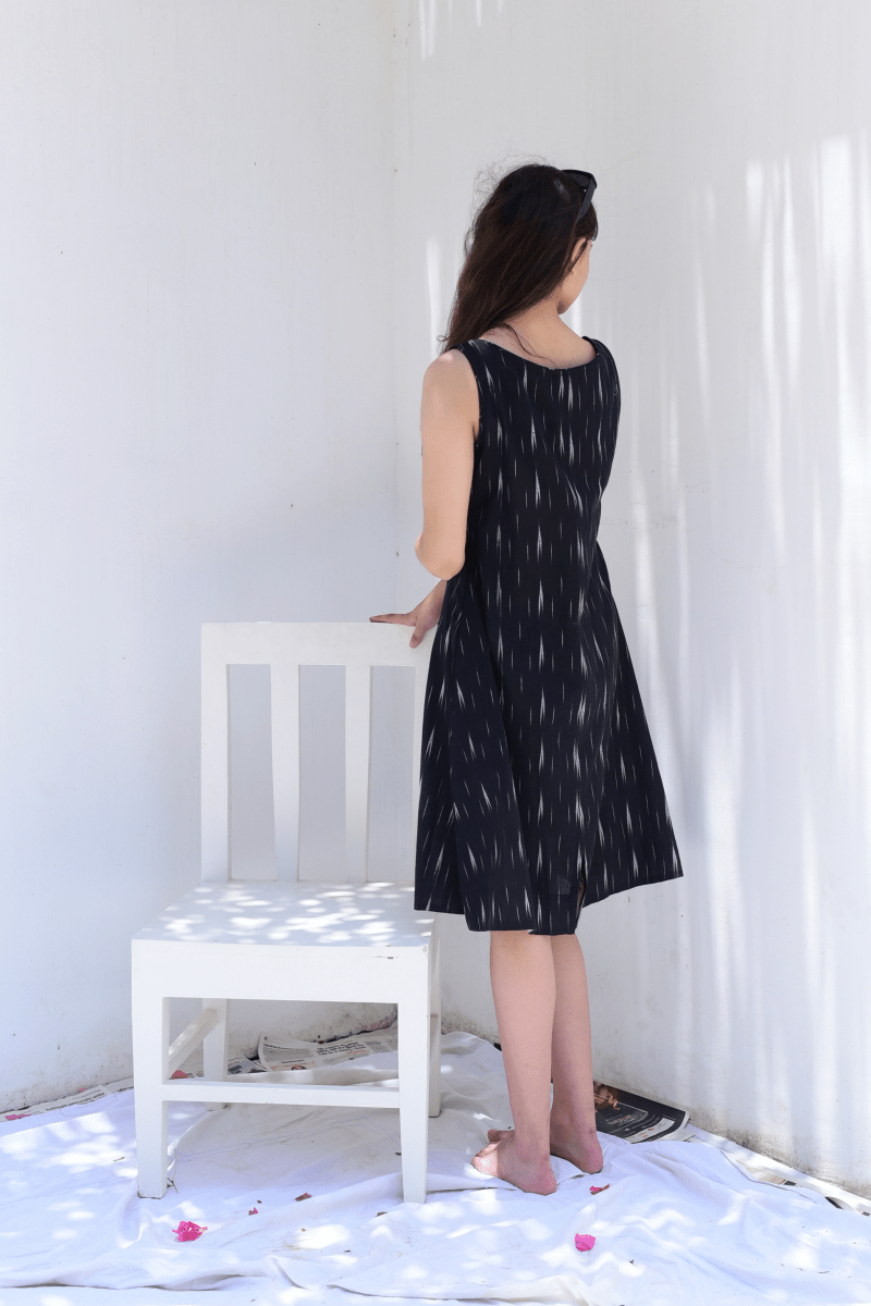 Weaved Black Ikkat A-line Sleeveless Dress