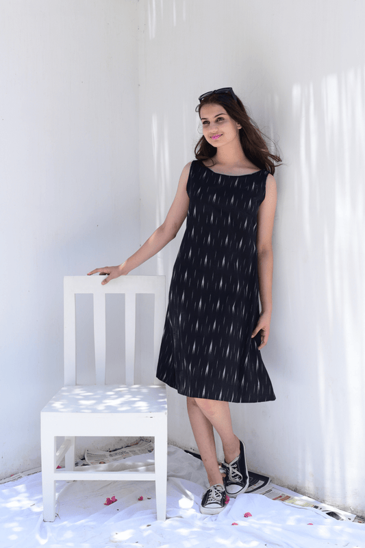 Weaved Black Ikkat A-line Sleeveless Dress